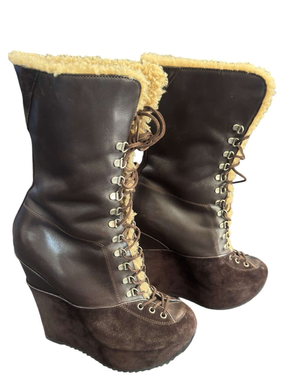 YSL Brown leather suede shearling lace up platform booties Sz.38